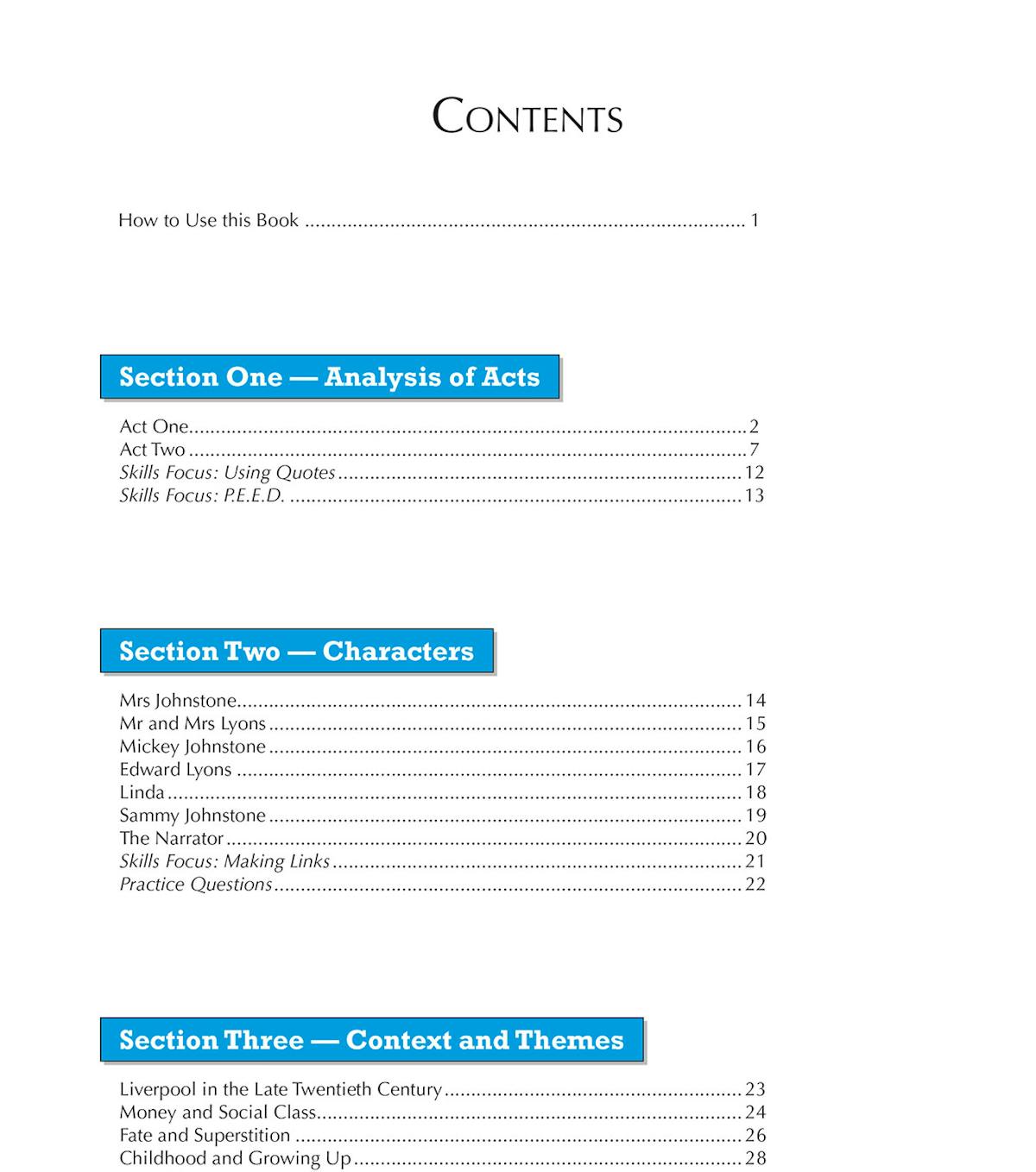 Blood Brothers Workbook page showing character analysis of Mrs Johnstone with exam techniques highlighted