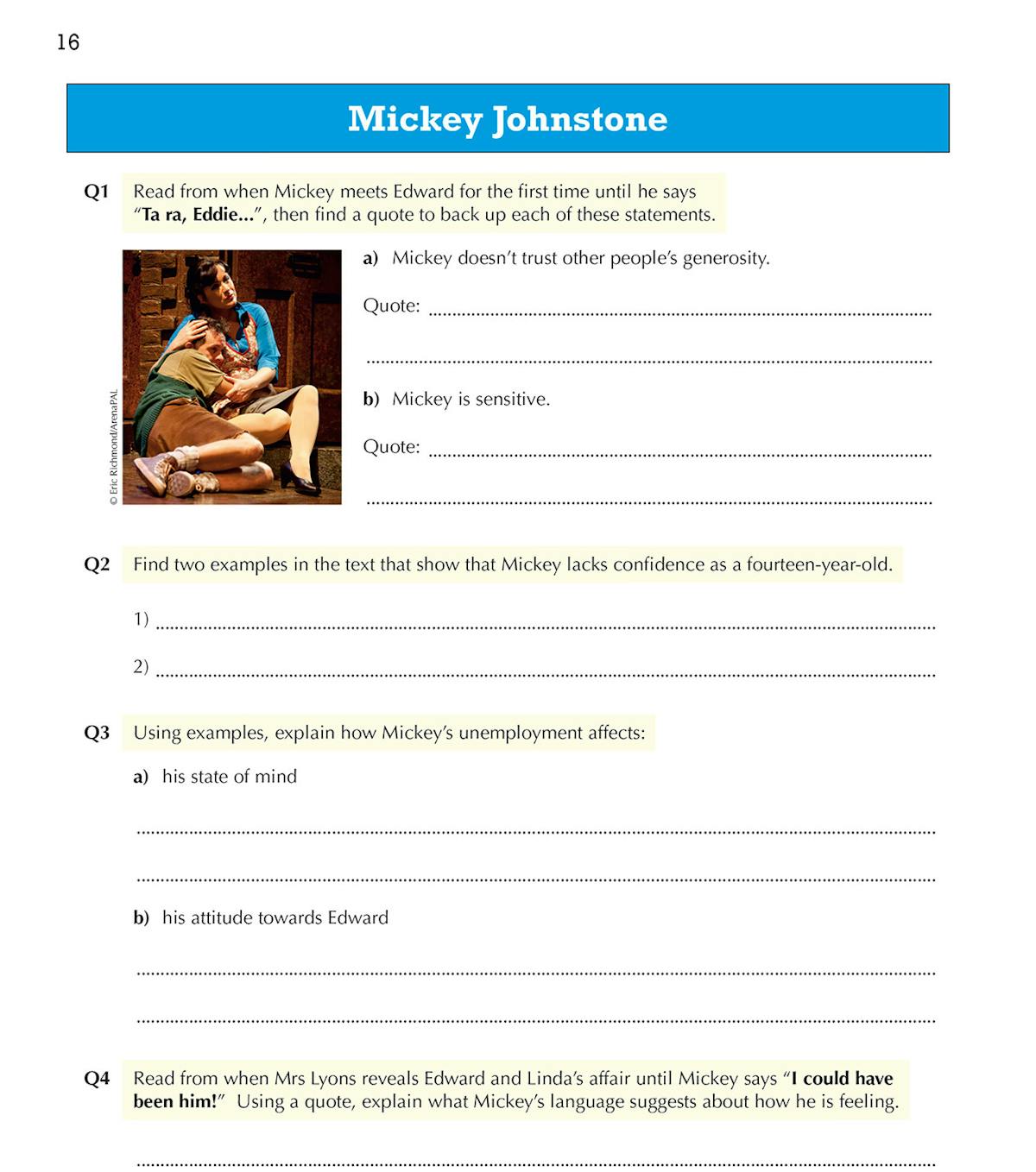 Mickey Johnstone character page with quote-finding exercises and analysis tasks