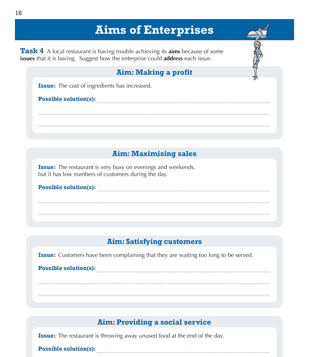 Inside page showing aims of enterprises with practice tasks