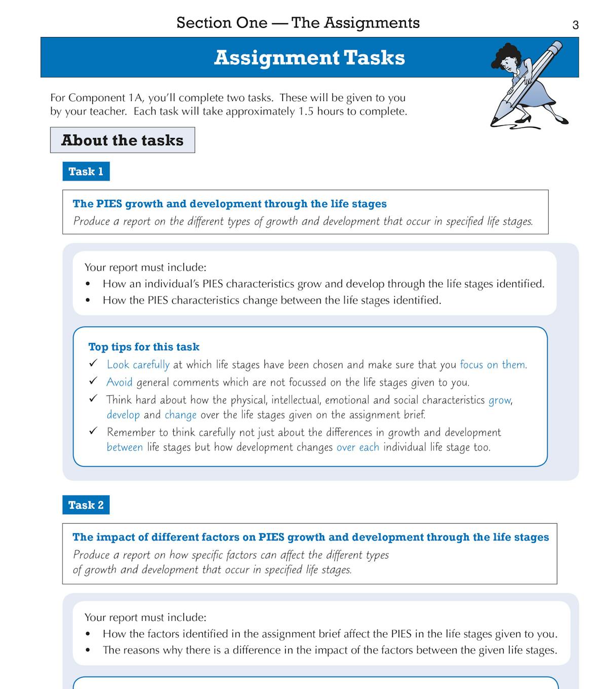 Sample page showing assignment tasks for Component 1A with top tips and mark band guidance
