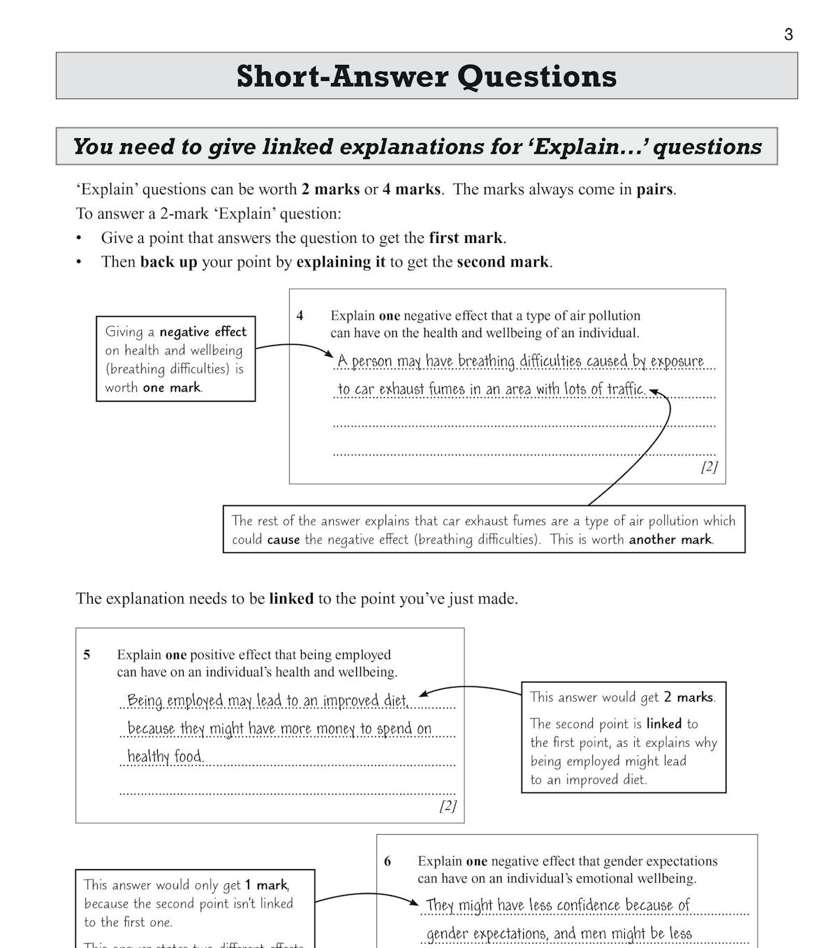 Inside page showing short-answer question guidance with worked examples and mark annotations