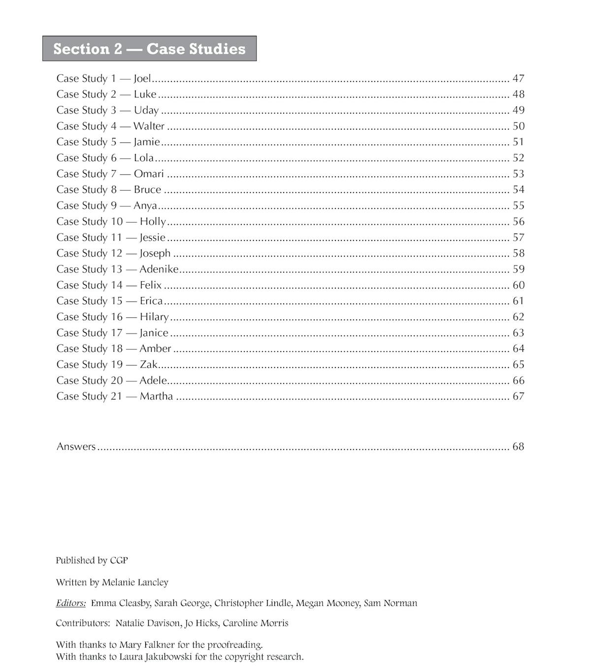 Contents page listing 21 case study scenarios with full answers provided