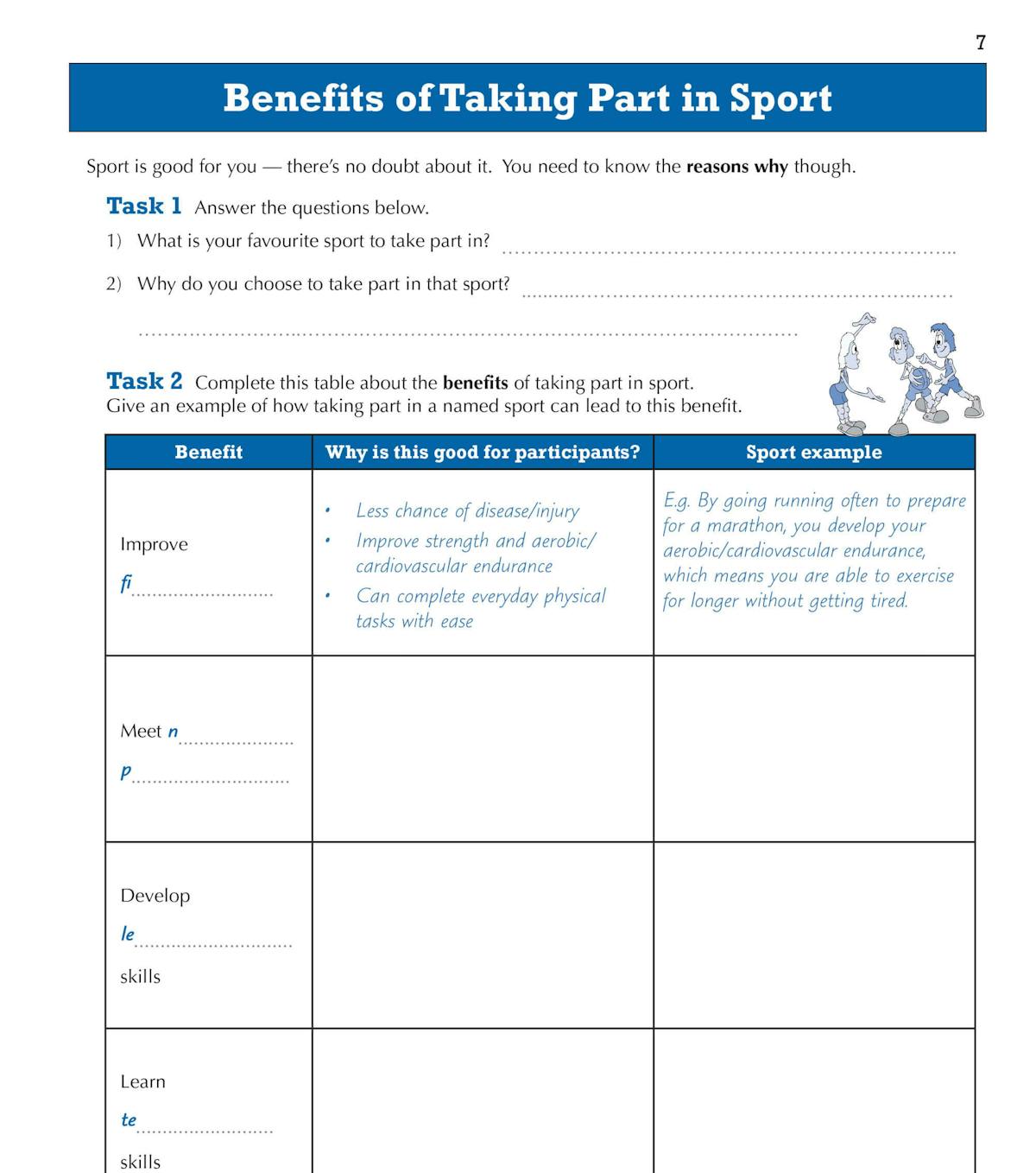 Inside pages showing a task table on benefits of taking part in sport with fill-in spaces and worked examples