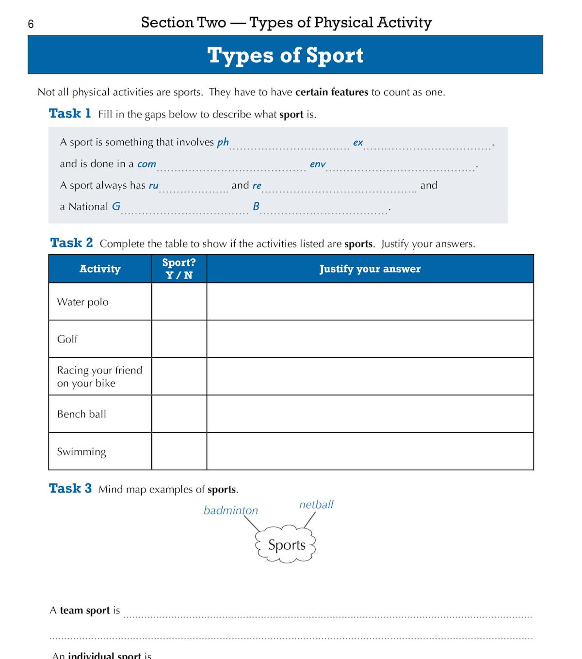 Page showing types of sport with fill-in definitions, activity classification table and mind-mapping task