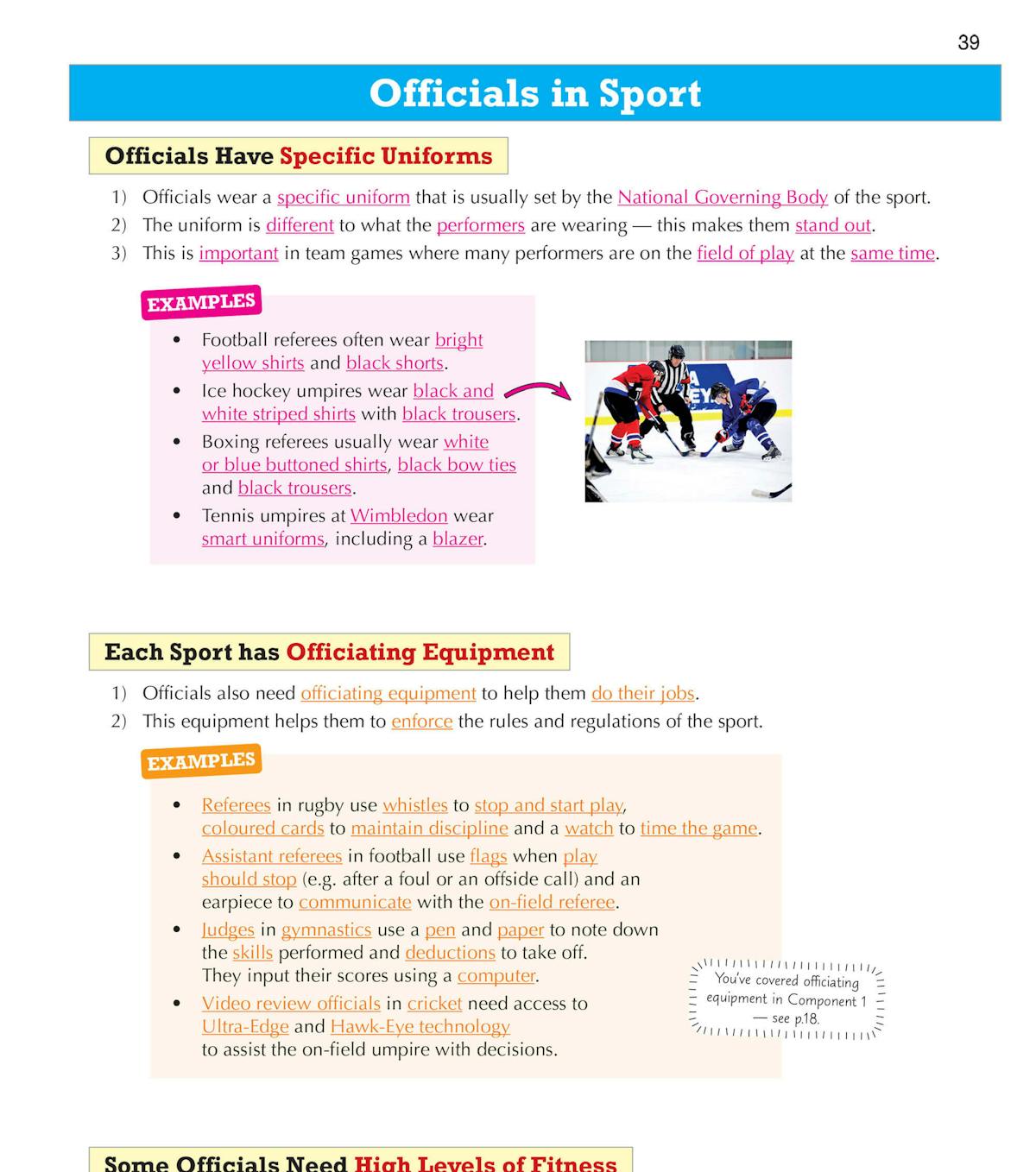 Sample page showing Officials in Sport with colour-coded sections and examples