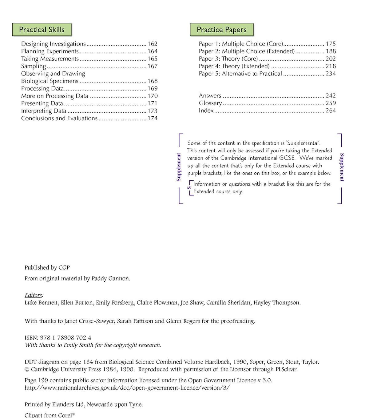 Contents page showing practical skills section and practice papers with colour-coded supplemental content markers
