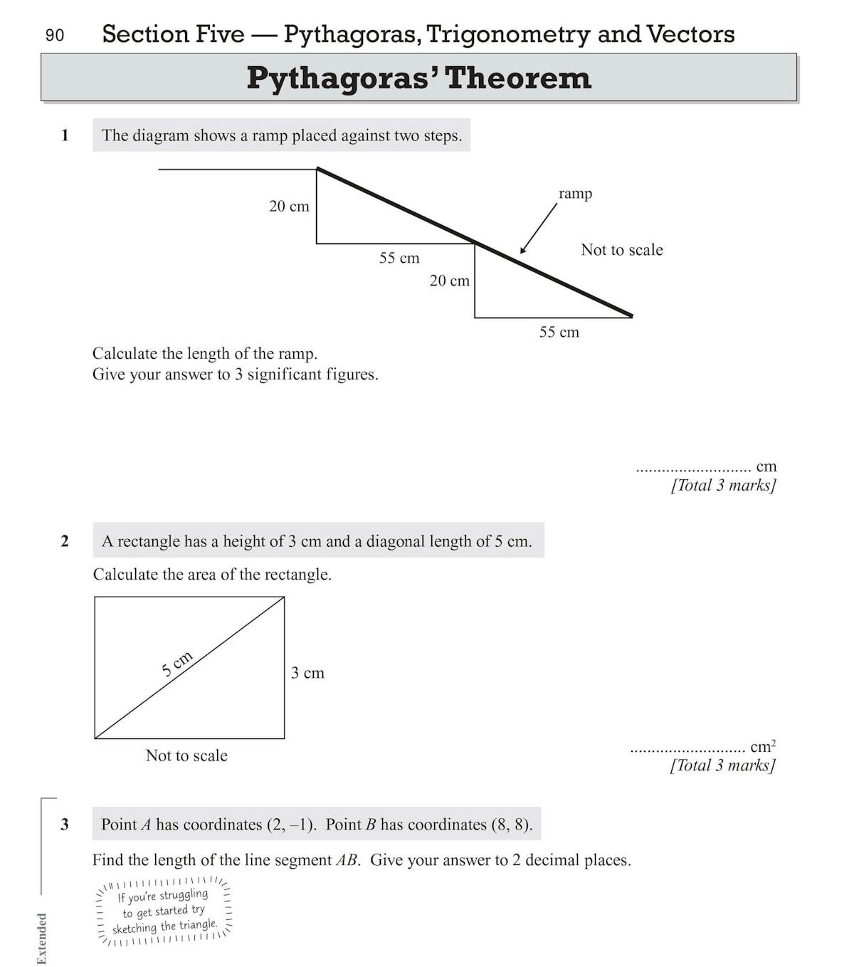 Sample exam questions on Pythagoras' Theorem including a ramp diagram and coordinate geometry