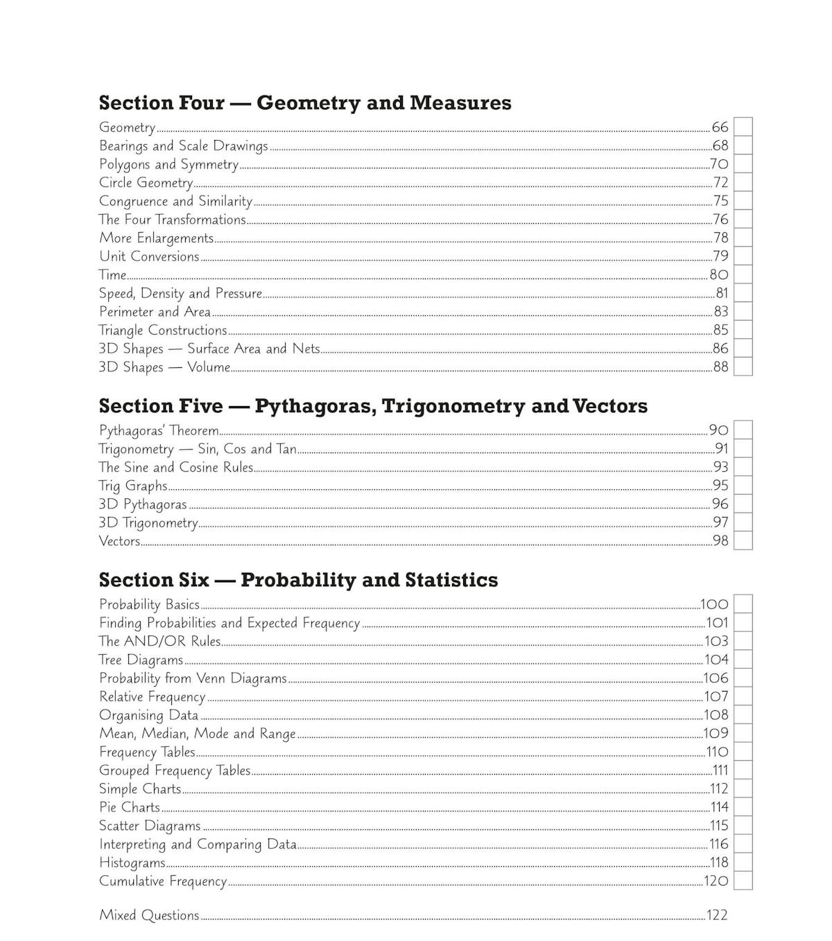 Contents page showing sections on Geometry and Measures, Pythagoras, Trigonometry and Vectors, and Probability and Statistics