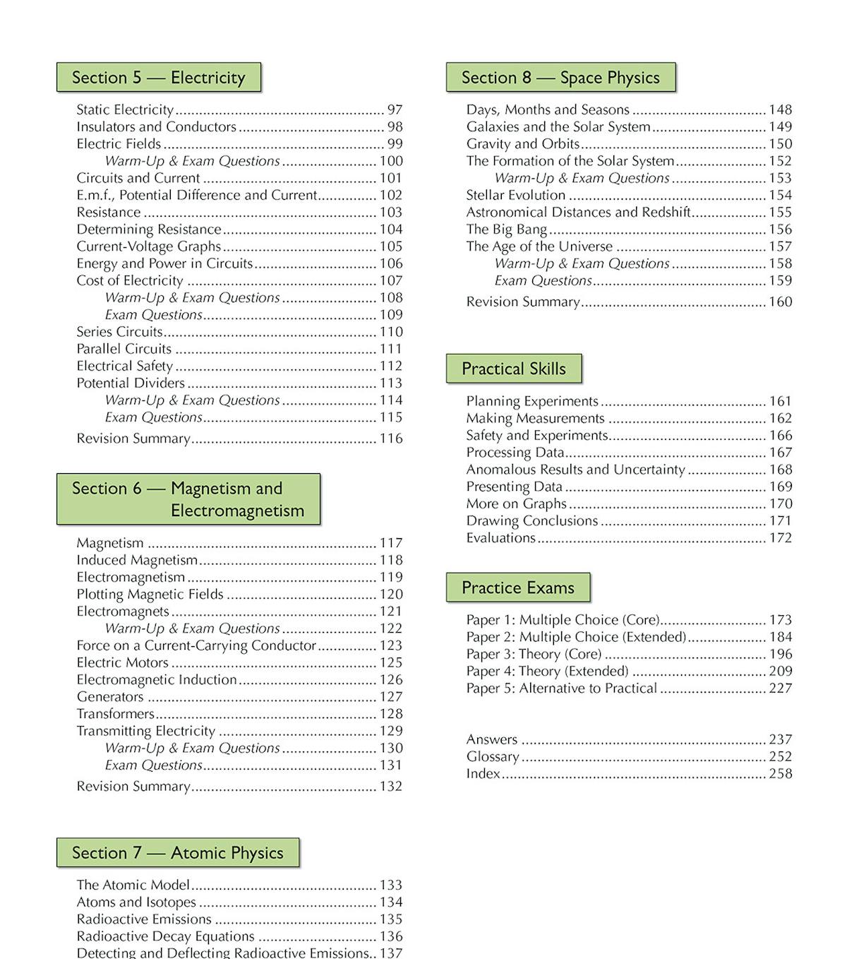 Contents page showing sections covering electricity, magnetism, atomic physics and space physics