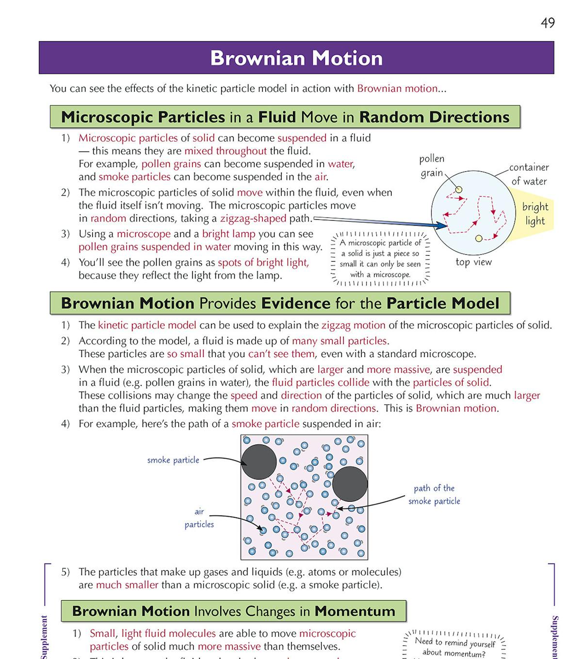 Page explaining Brownian motion with diagrams showing particle movement in fluids