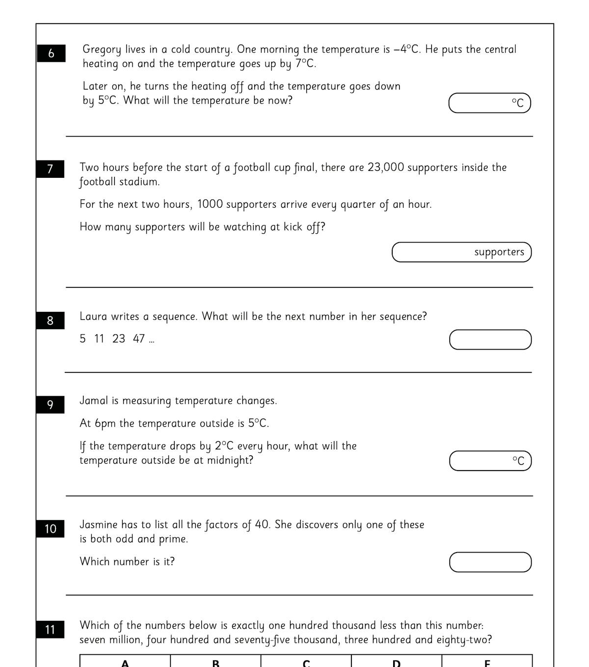 Sample page showing mixed problem-solving questions including temperature changes and number sequences
