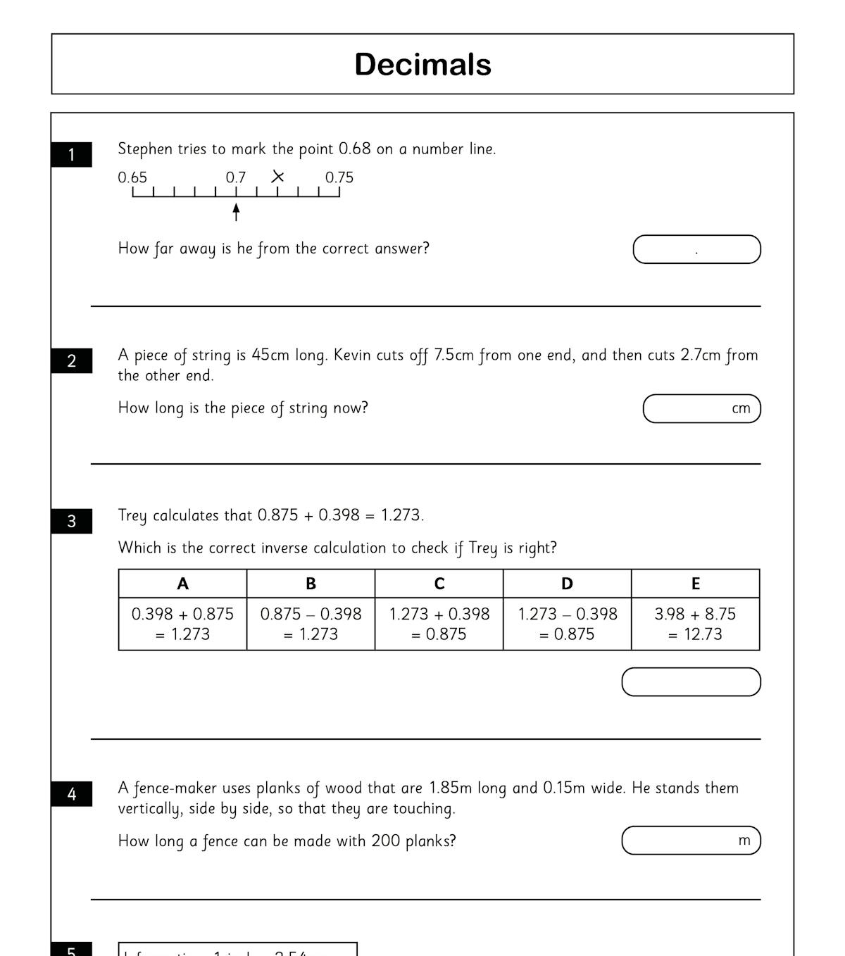 Practice questions on decimals including number lines, measurement, and inverse calculations