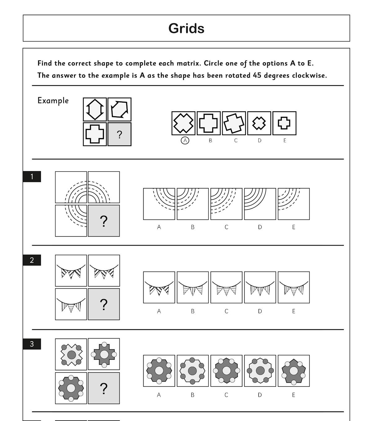 Sample non-verbal reasoning grids question page showing matrix patterns