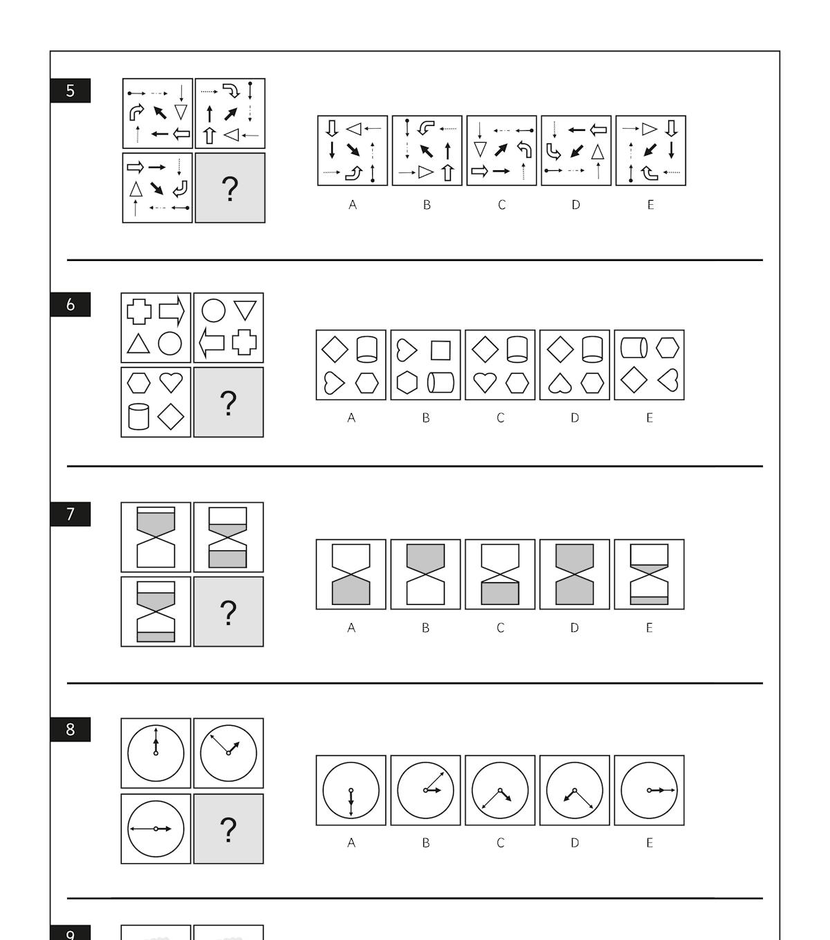 Further grids practice questions showing various pattern completion tasks