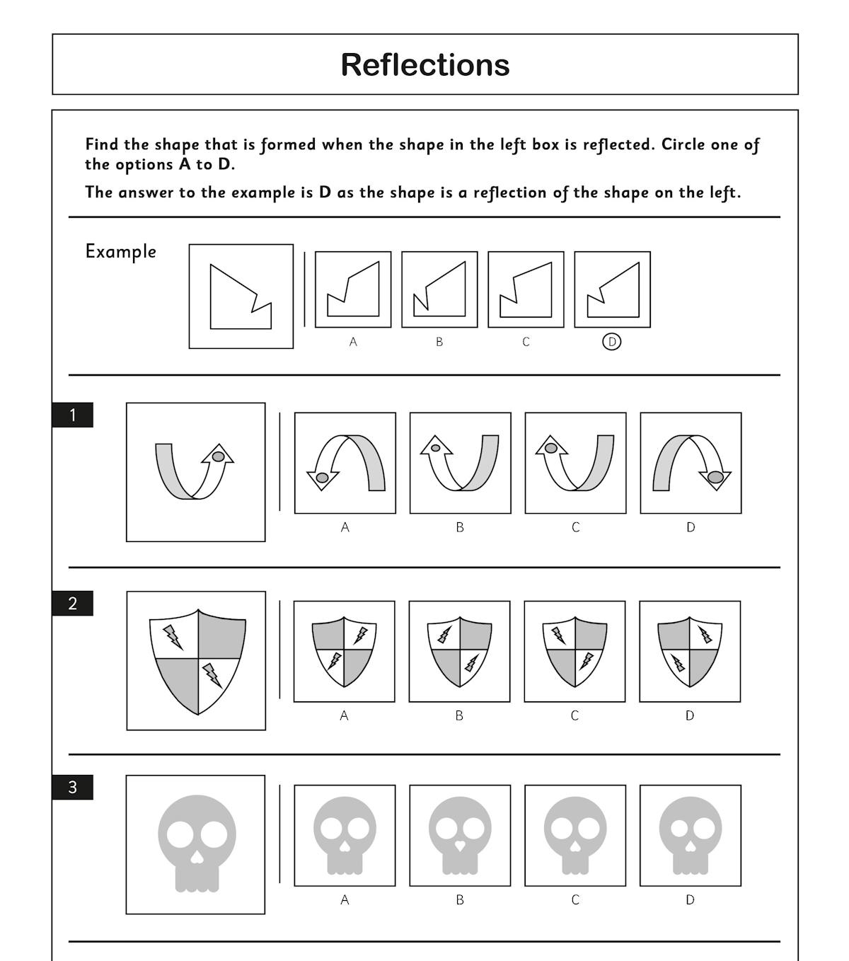 Sample non-verbal reasoning reflections exercise showing shape transformation questions