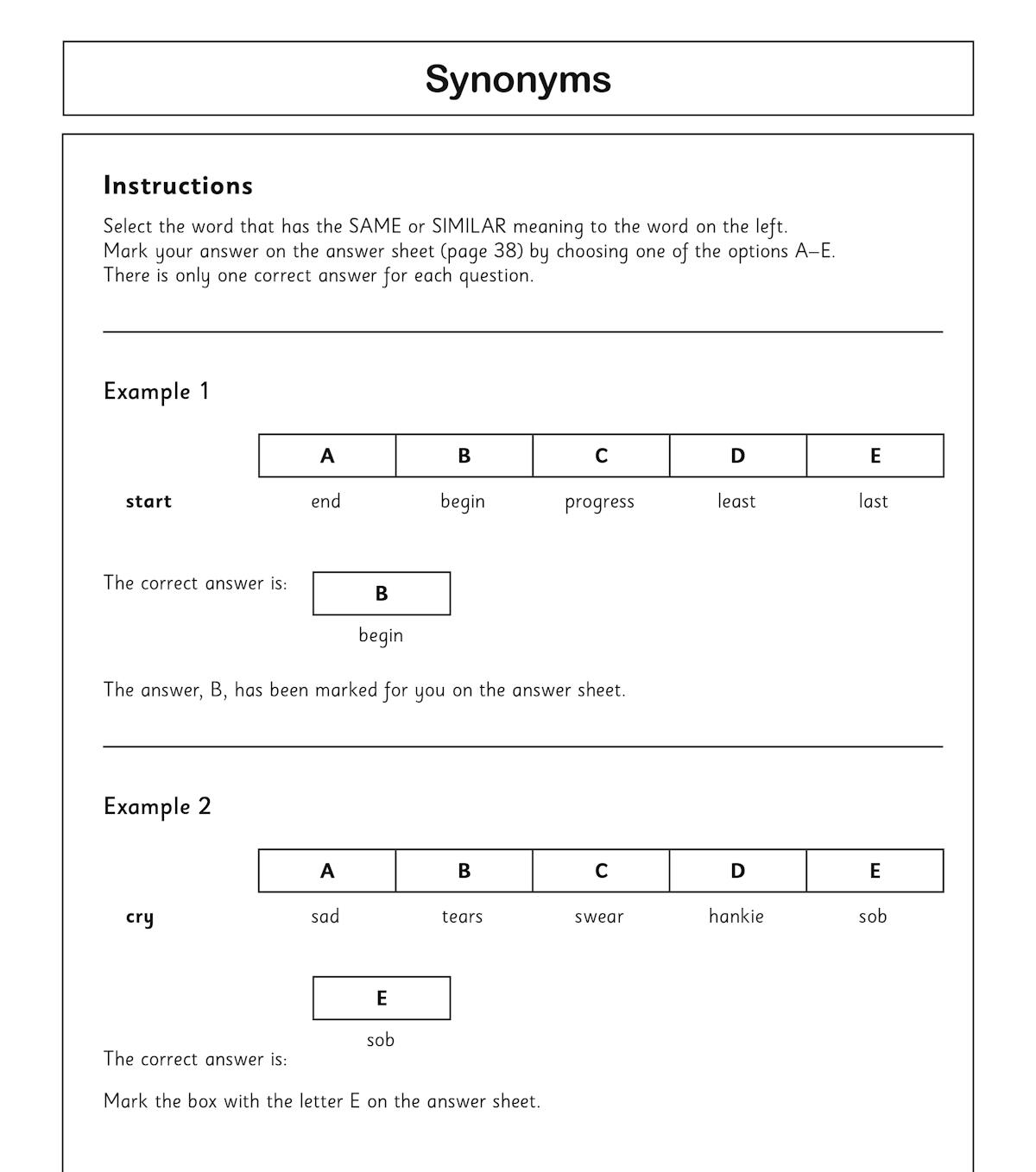 Synonyms section from CEM 11+ practice paper