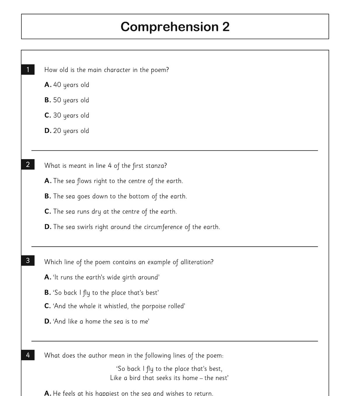 Sample comprehension questions from CEM 11+ practice paper