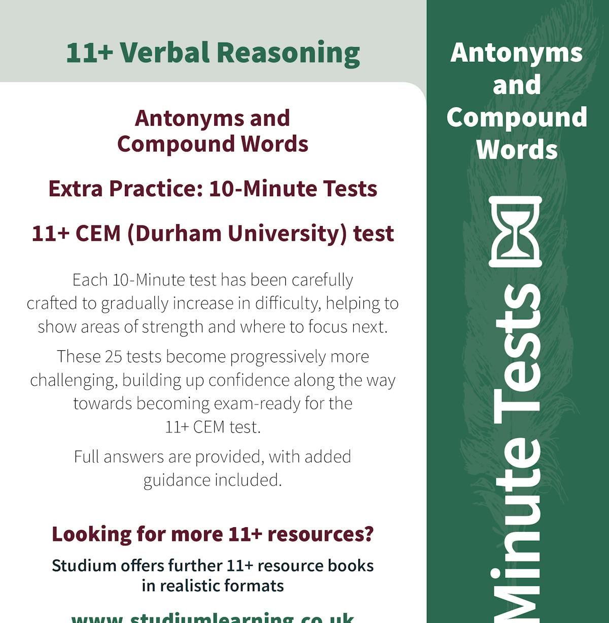 Back cover of CEM 11+ Verbal Reasoning Antonyms and Compound Words 10-Minute Tests showing progressive learning structure and full answers