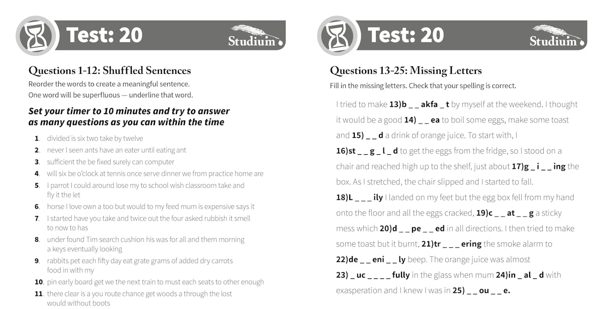 Sample test page showing shuffled sentences and missing letters questions with timer icon