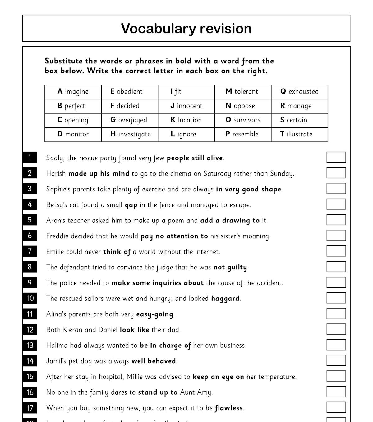 Vocabulary revision exercise page showing word substitution questions
