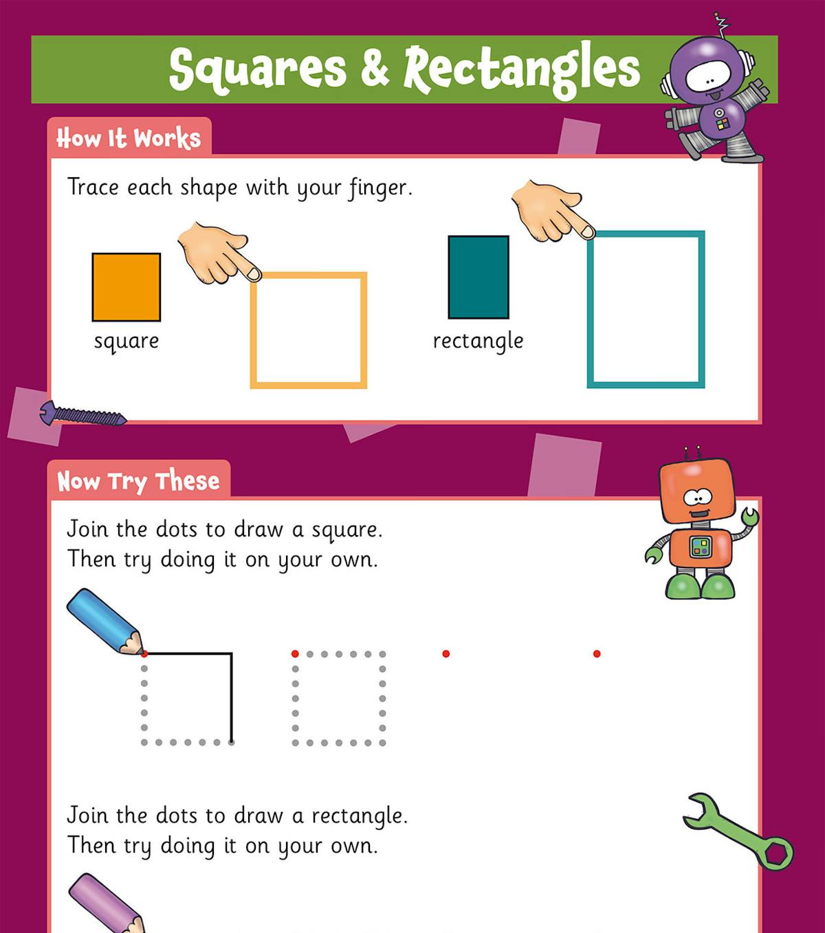 Squares and rectangles activity page with tracing and drawing exercises