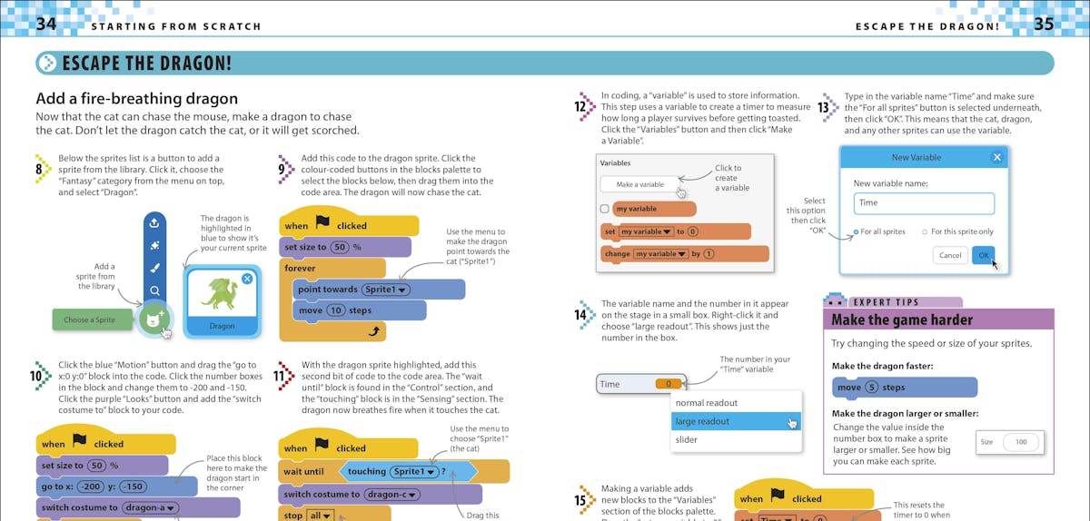 Step-by-step coding project with Scratch blocks and game sprites