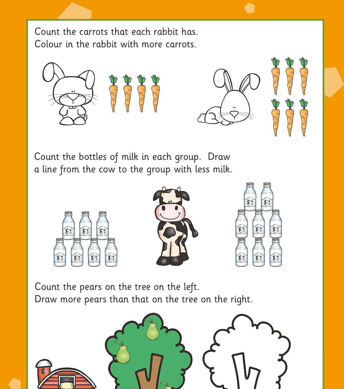 Farm and animal counting exercises with rabbits, carrots and pears