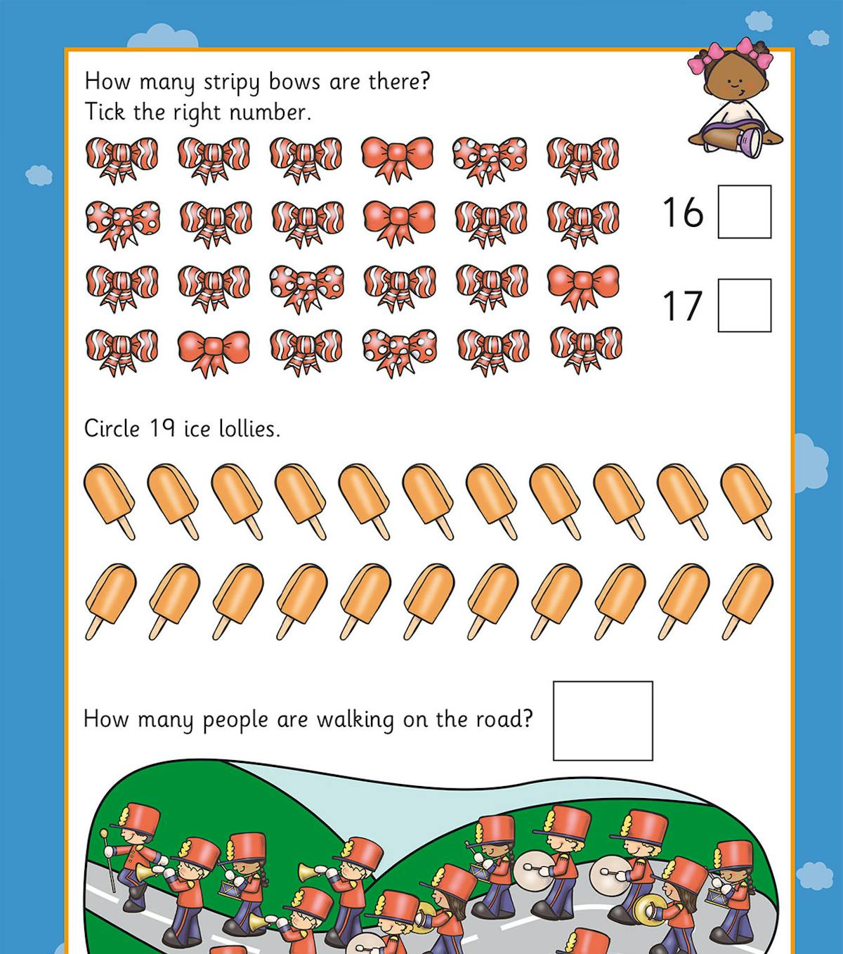 Activity page featuring striped bows counting exercise, ice lollies, and marching band characters