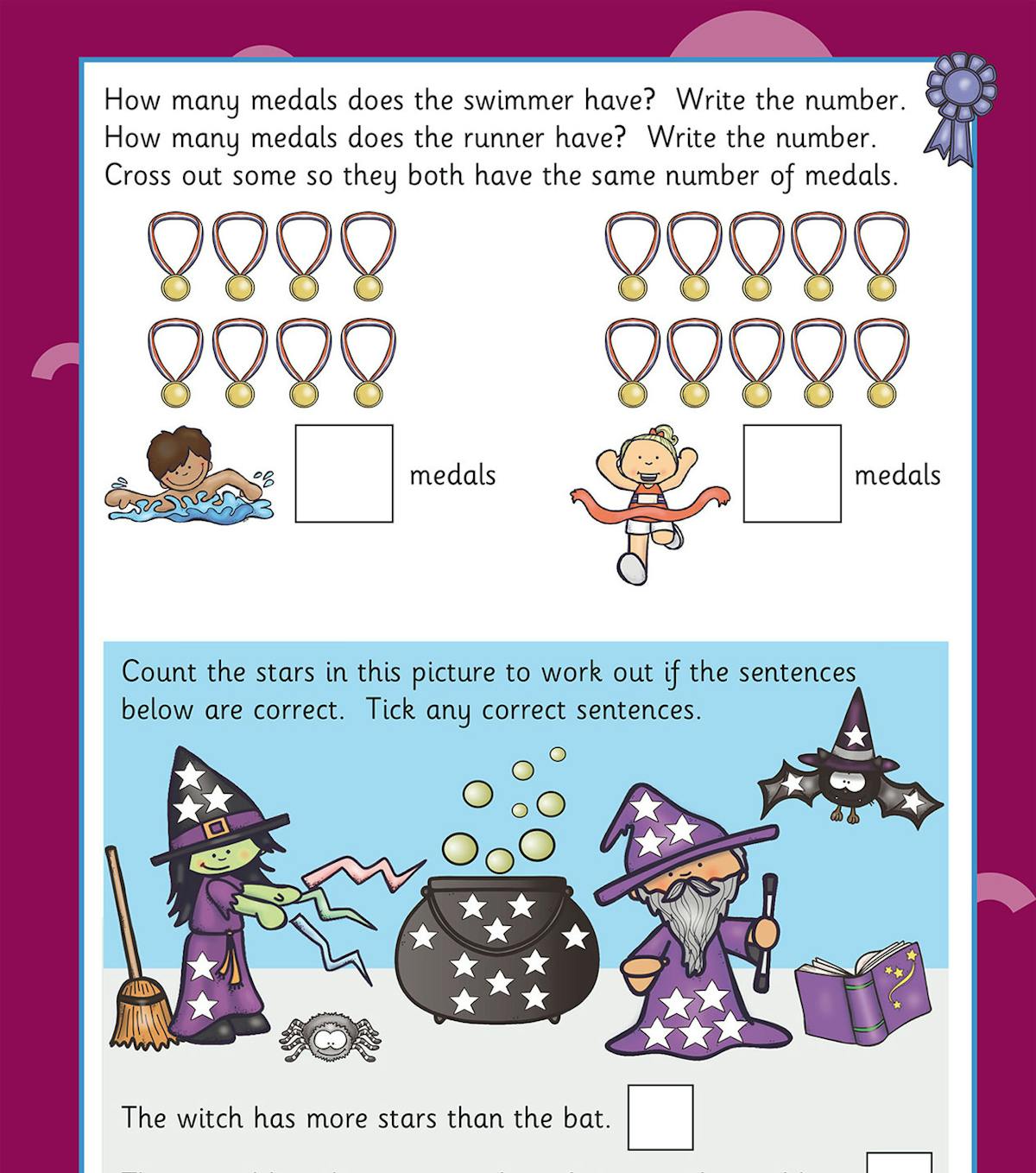 Sample page showing colourful counting activities with medals and wizard-themed problem-solving tasks