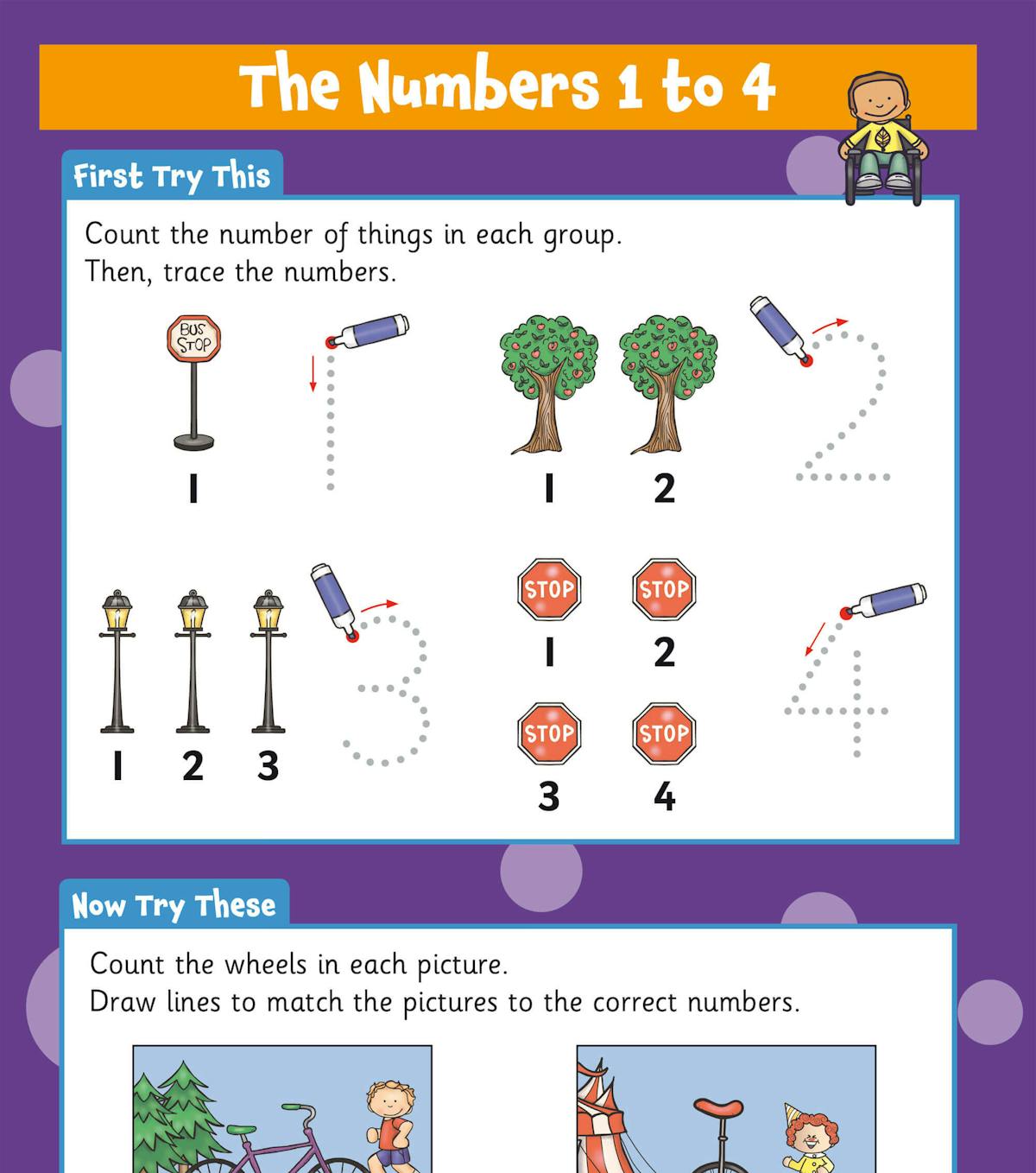 Sample page showing counting exercises with numbers 1 to 4