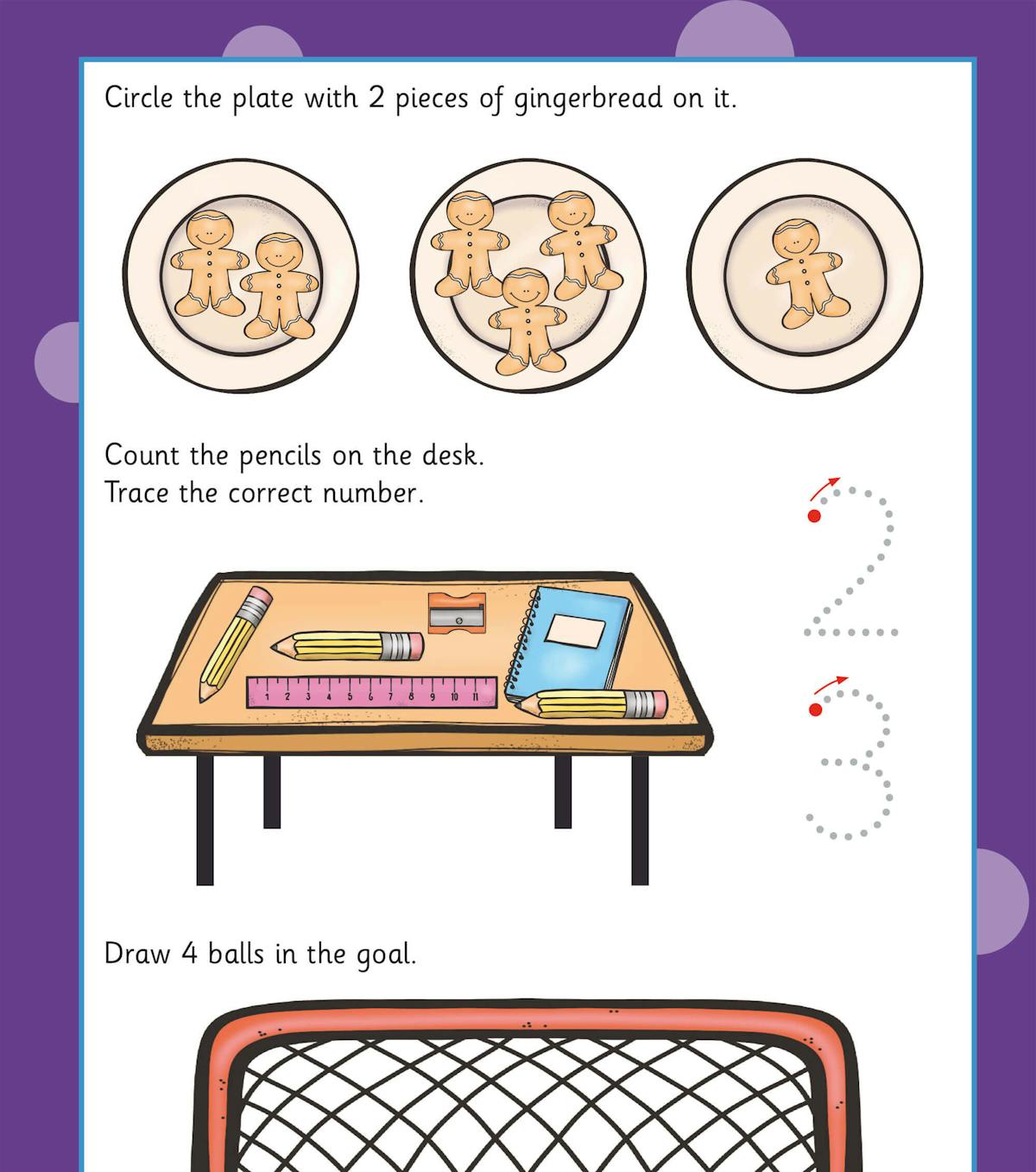 Activity page with counting gingerbread biscuits, pencils, and drawing tasks