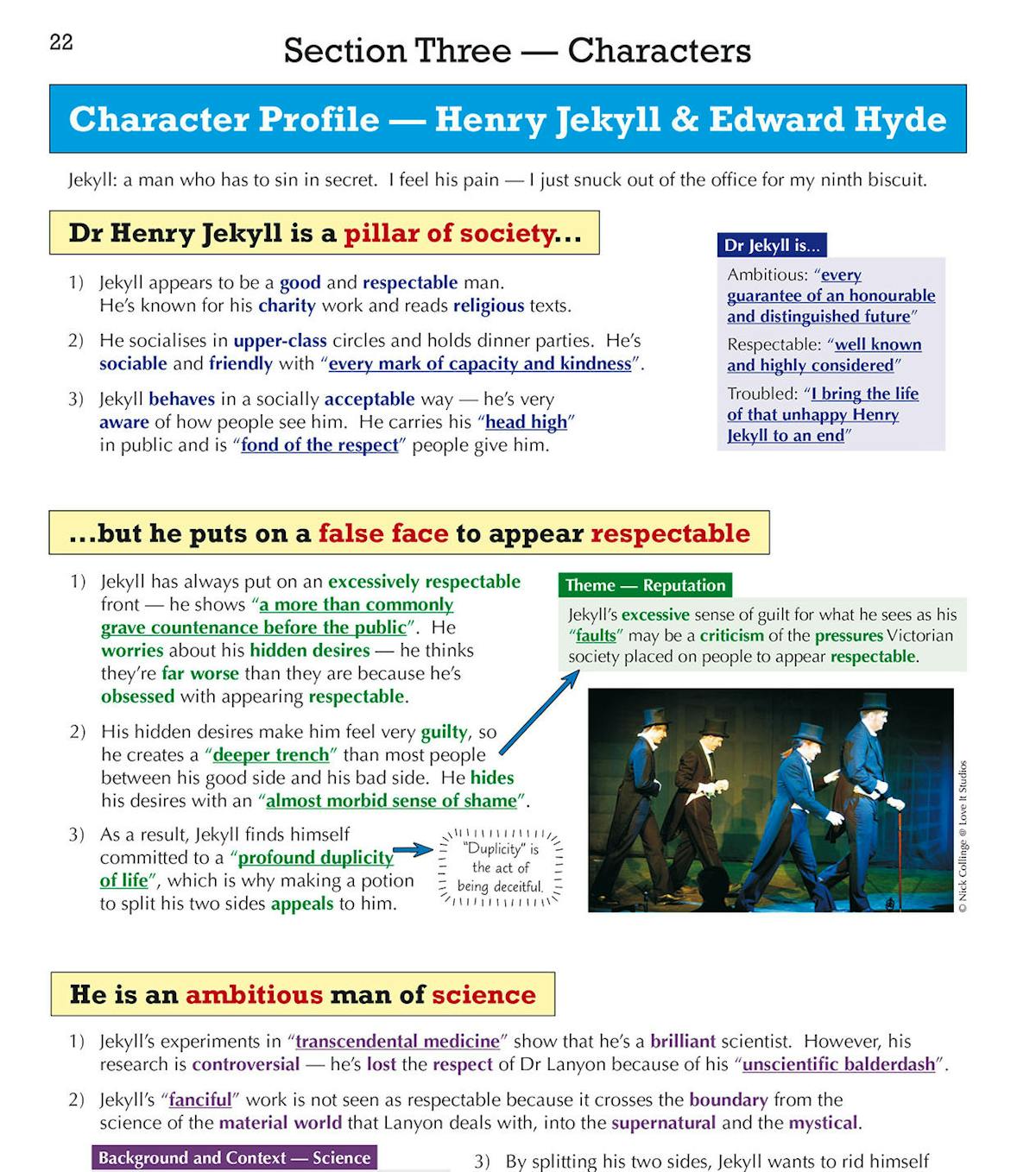Character profile pages for Dr Jekyll and Mr Hyde showing detailed analysis and key quotations