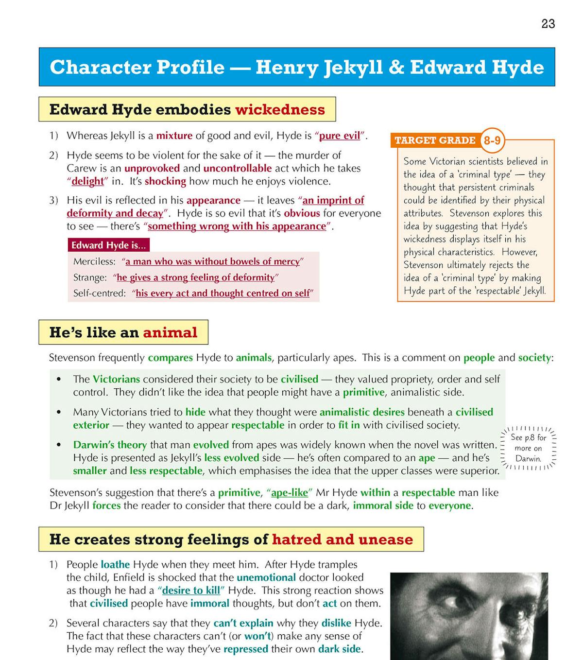 Character analysis page showing Hyde as an animal with highlighted quotations and contextual information