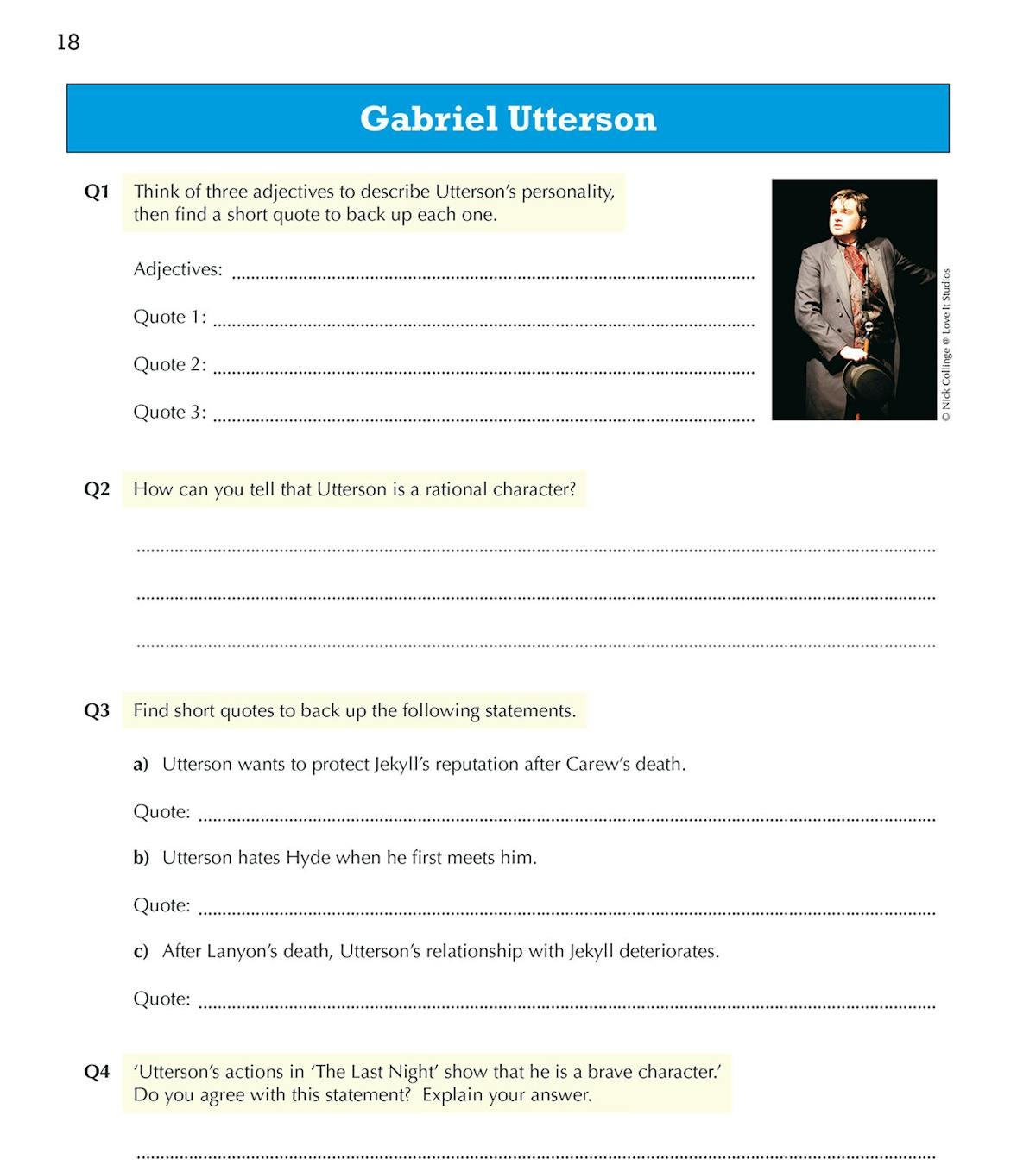 Workbook page showing character analysis questions for Gabriel Utterson with space for written responses
