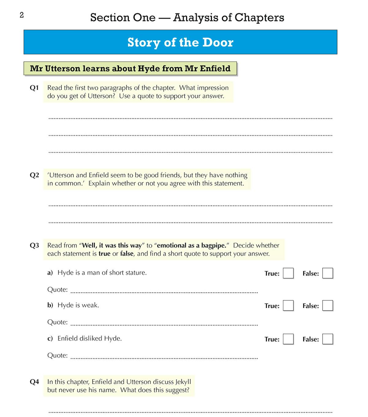 Analysis questions on the Story of the Door chapter with true-or-false tasks and quotation practice