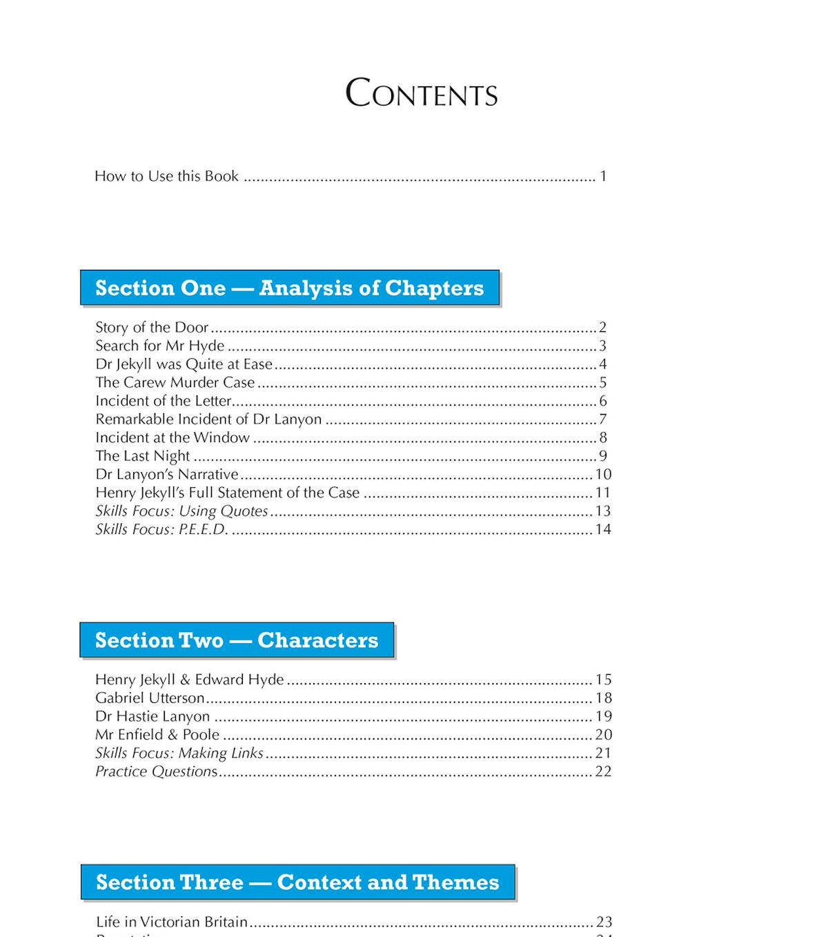 Contents page listing sections on chapter analysis, characters, context and themes, with skills focus and practice questions