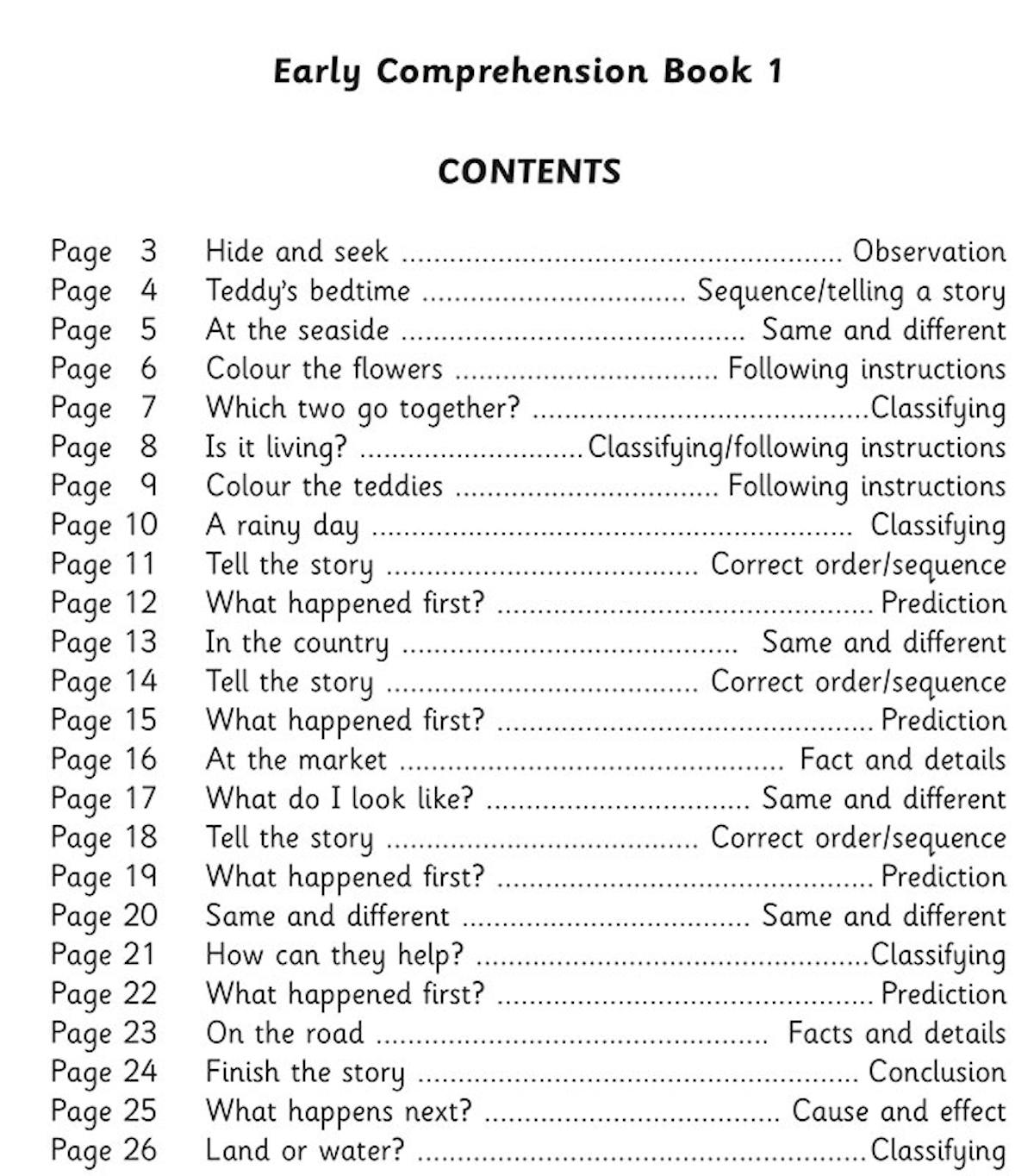 Contents page showing the full list of activities and comprehension skills covered in Early Comprehension Workbook 1
