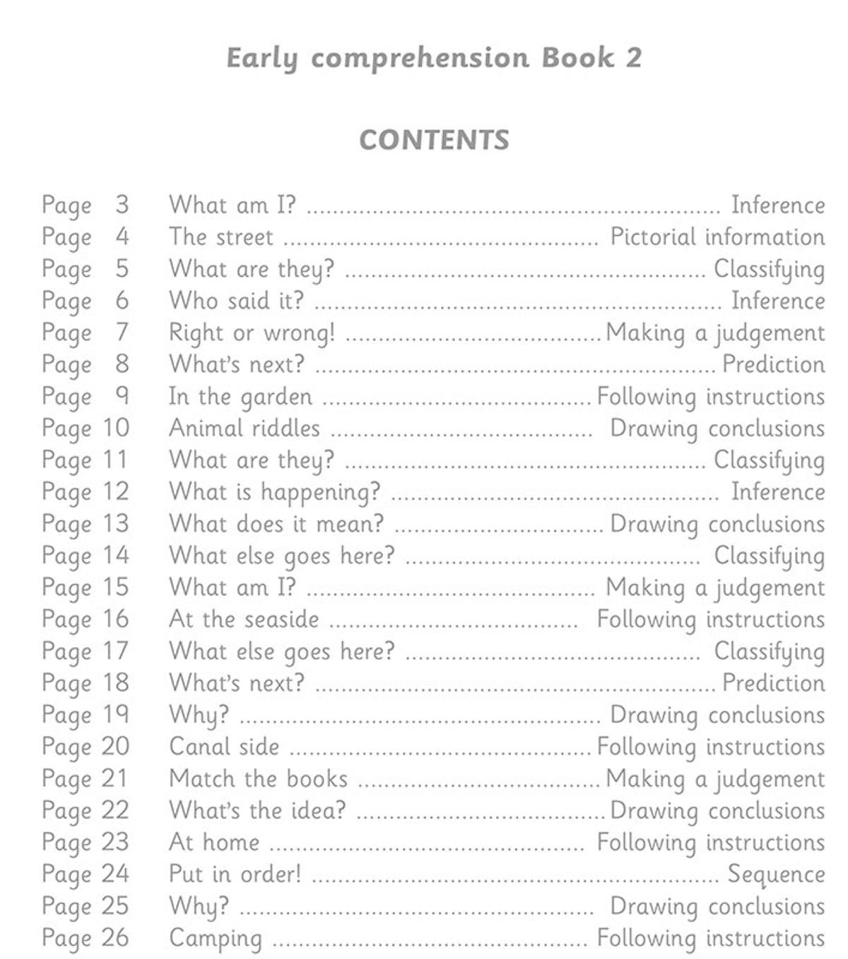 Contents page showing the scope of activities in Early Comprehension Book 2