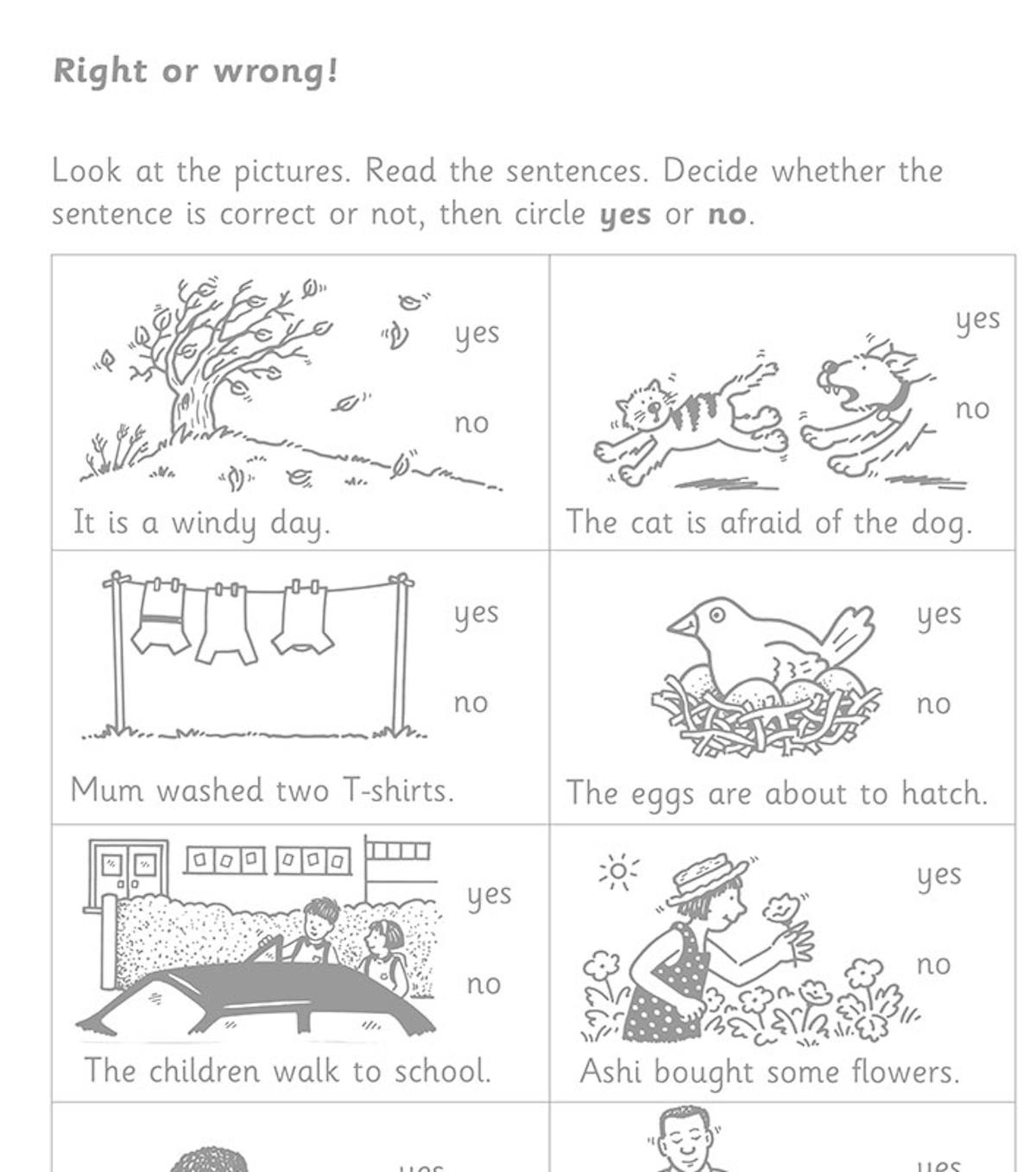 Sample activity page asking children to decide whether sentences match pictures