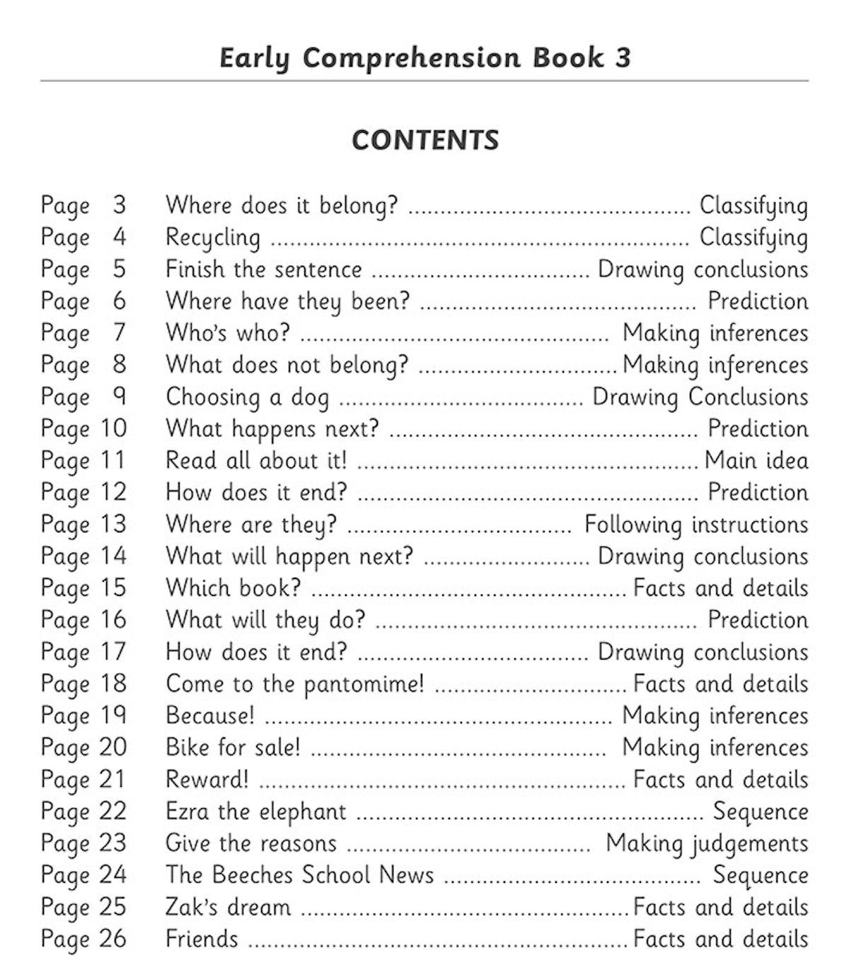 Contents page showing the range of comprehension skills covered in the workbook