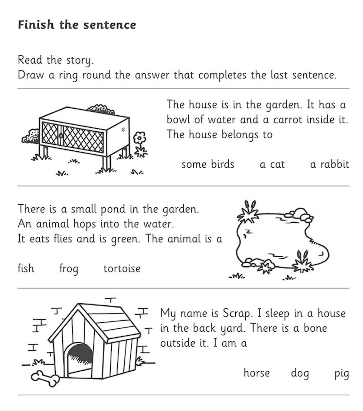 Sample activity page showing picture-based comprehension questions