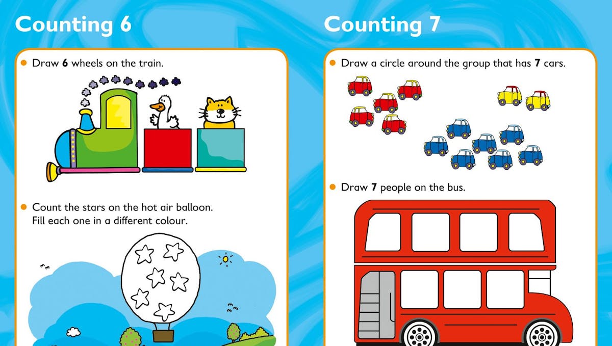 Counting activities featuring drawing and grouping tasks with cars, trains, and everyday objects