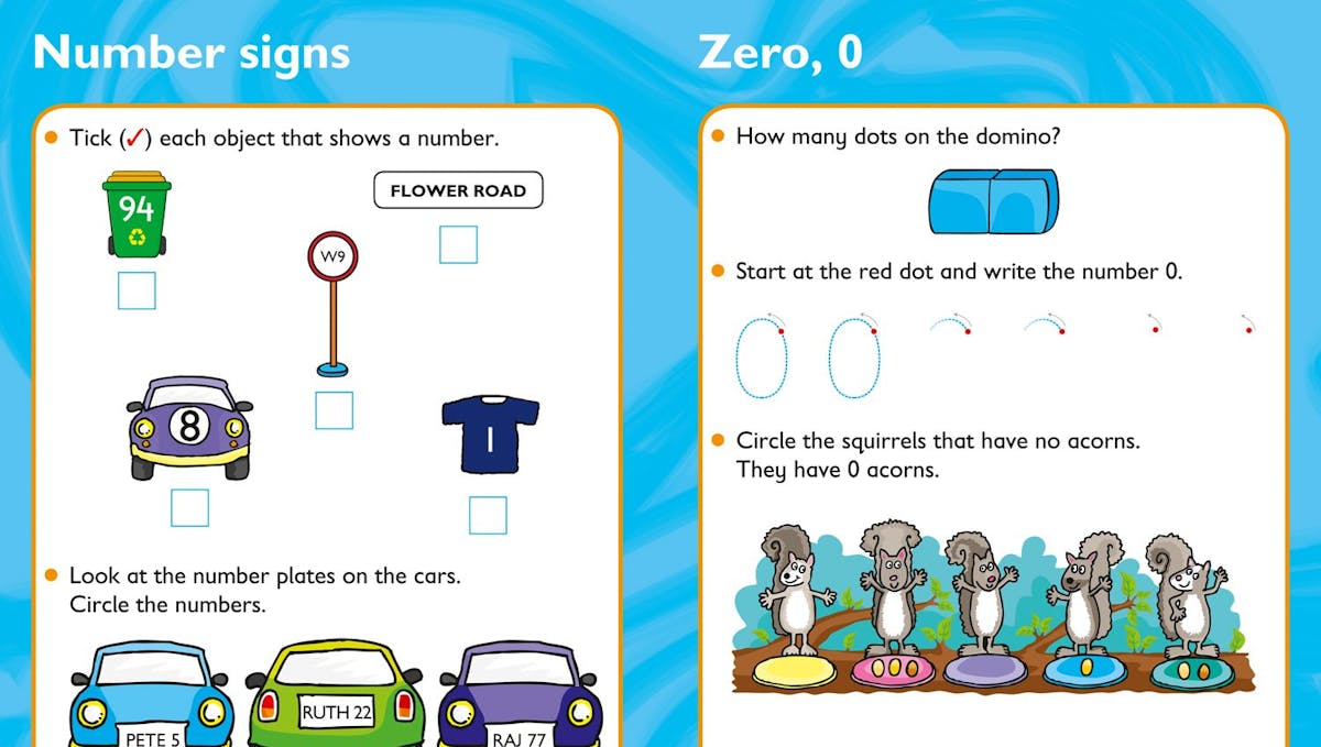 Sample pages showing number recognition and counting activities with colourful illustrations