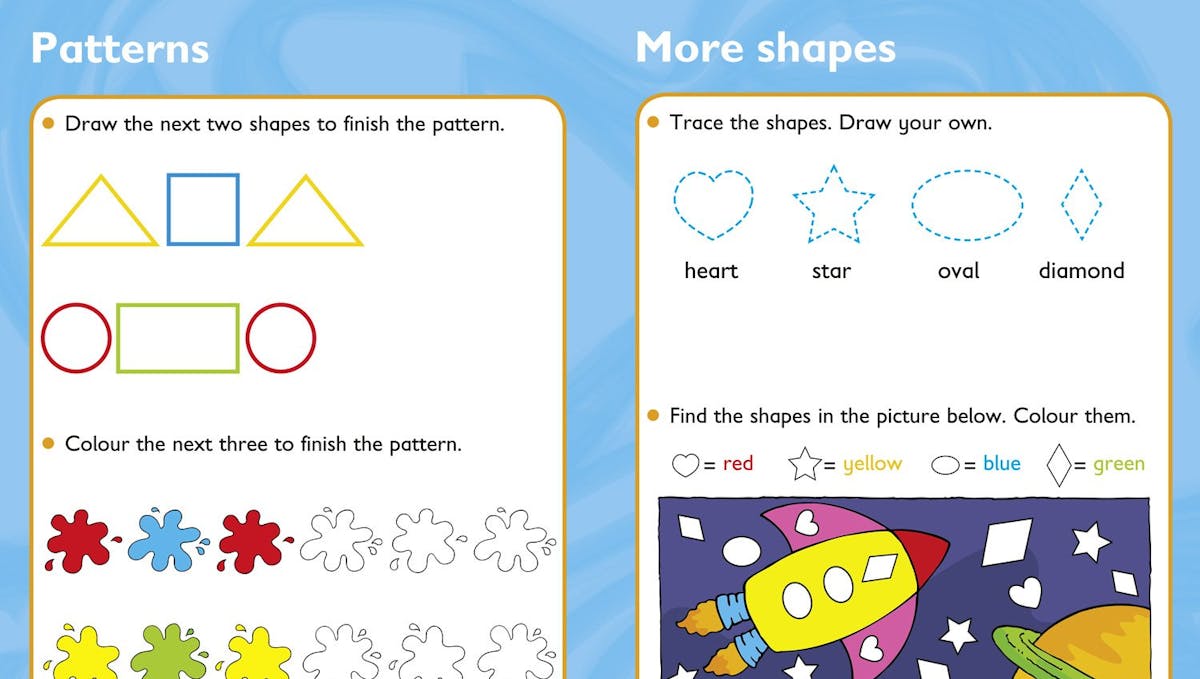 Sample pages showing pattern completion and shape recognition activities