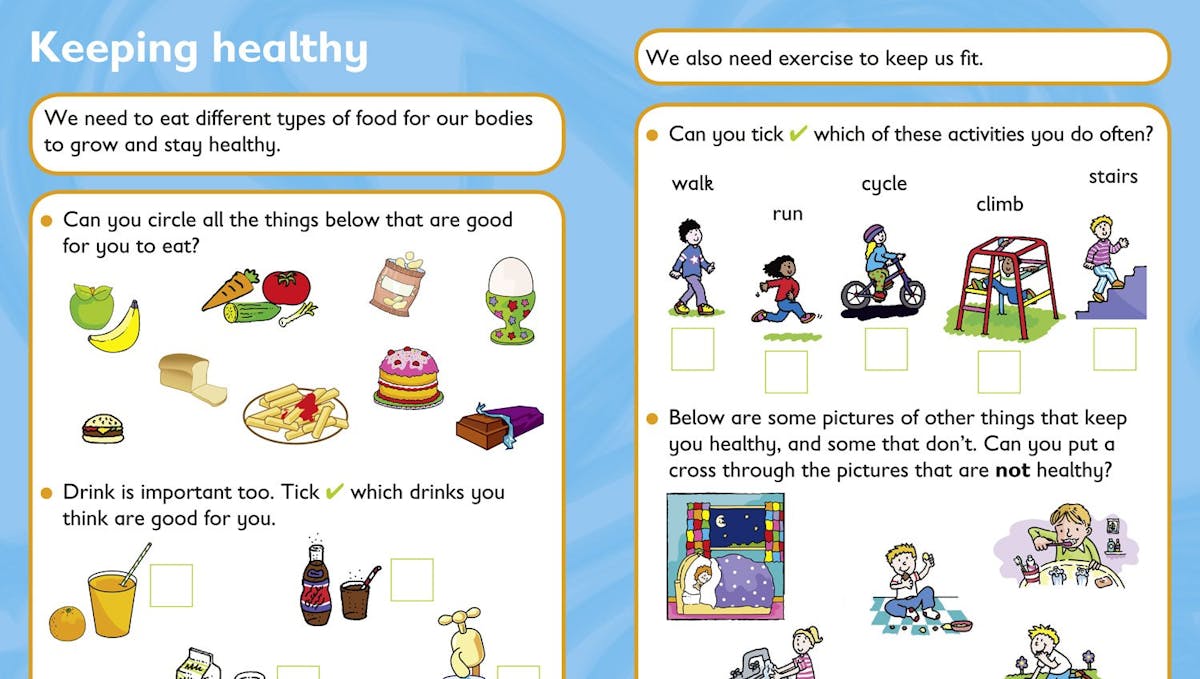 Sample pages showing colourful activities about healthy eating and exercise for young learners