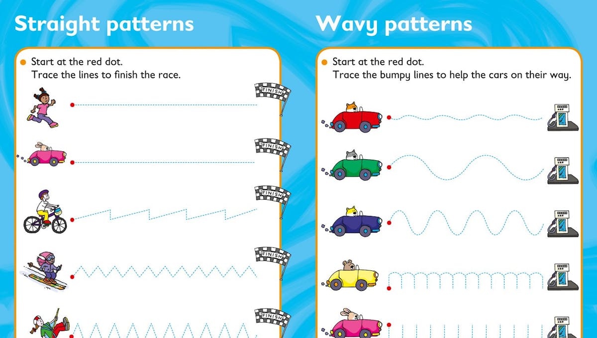 Sample pages showing tracing activities with straight and wavy patterns