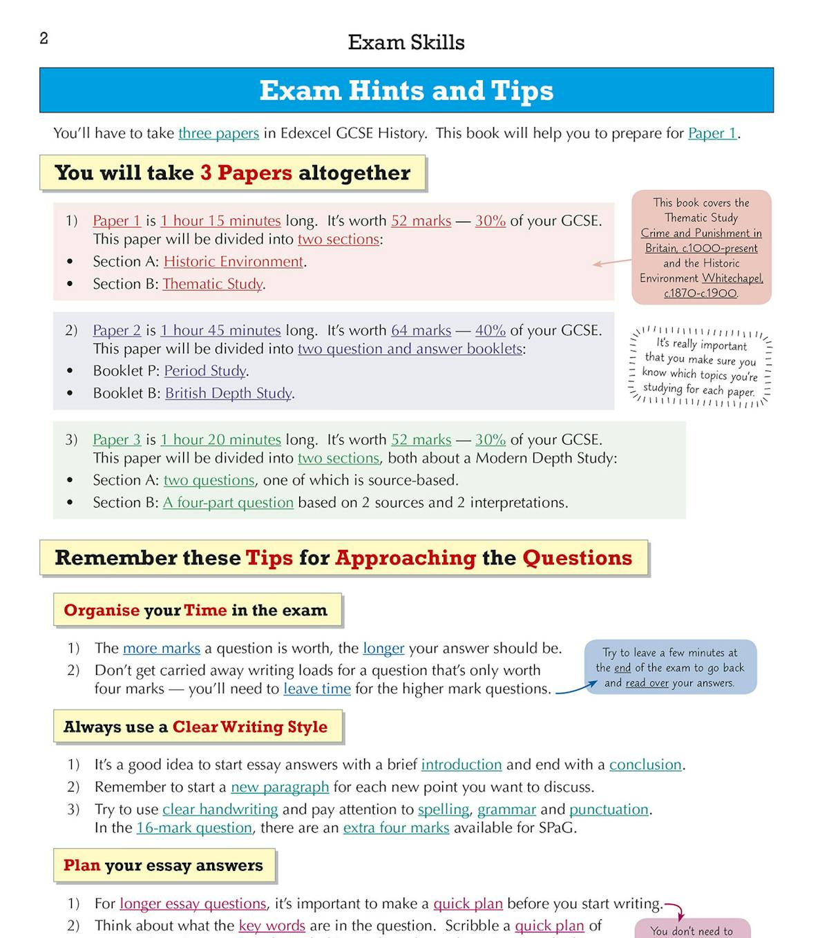 Exam skills page showing hints and tips for Edexcel GCSE History