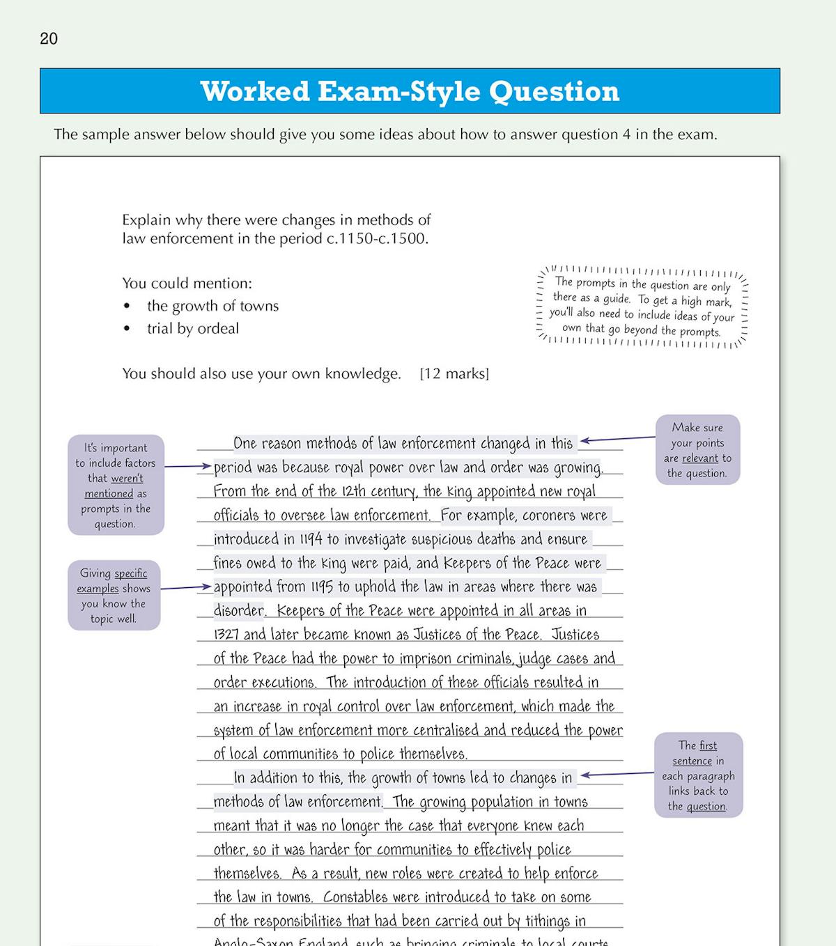 Worked exam-style question page with annotated sample answer