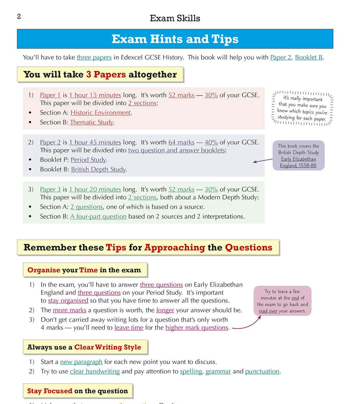 Exam hints and tips page outlining the three Edexcel GCSE History papers