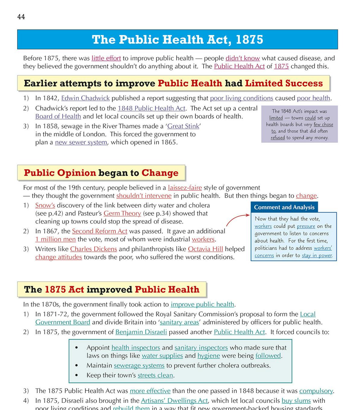 Inside page showing the Public Health Act 1875 with key facts and analysis boxes